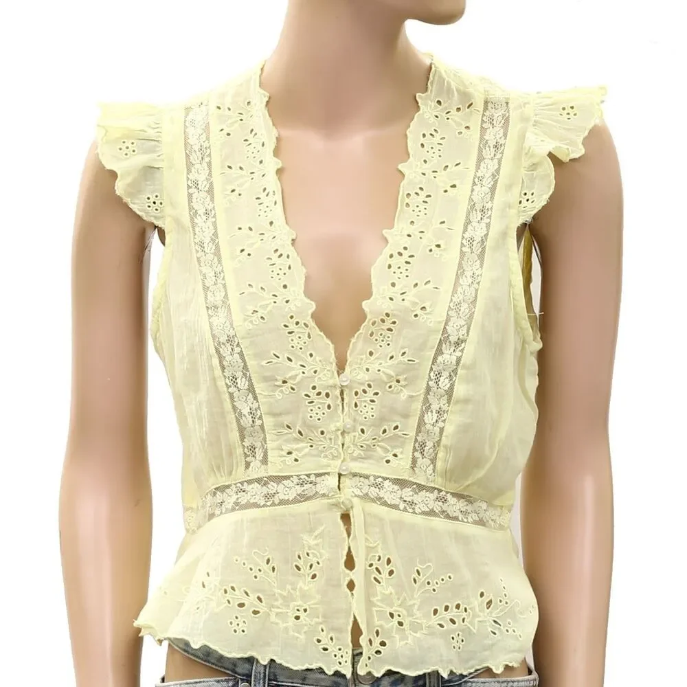 Free People Day Dreamer Top Eyelet Embroidered Ruffle Sleeveless Lace L 290153